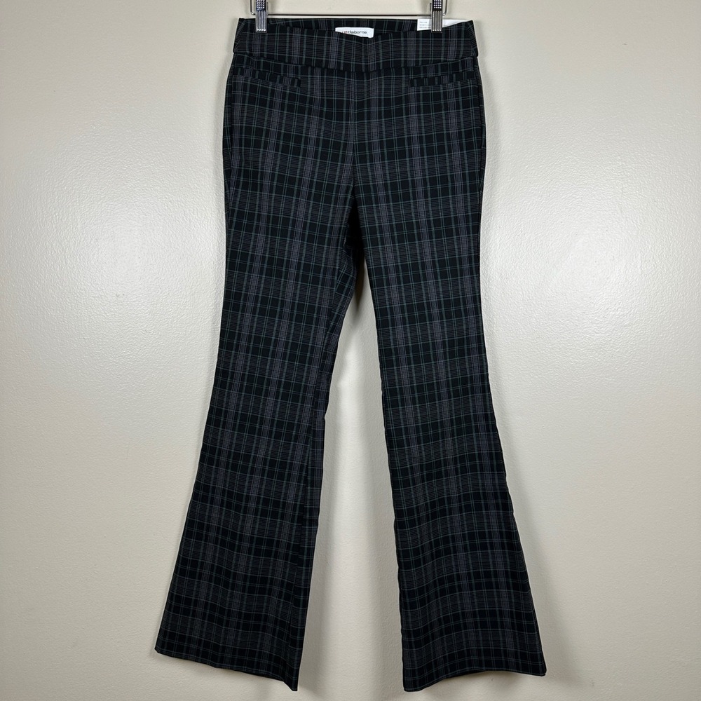 Liz Claiborne Womens 2 Lisa Flare Leg Pants Black Green Plaid Slimming Tummy NEW